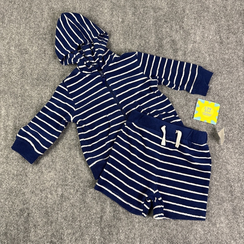 NWT Little‎ Me Baby Boys Swim Cover Up Terry Hoodie Shorts 12 Mo Summer UPF 50